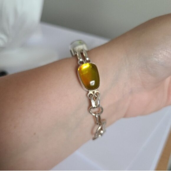 Vintage Boho Sterling Silver Yellow Rainbow Topaz Oval Chain Link Bracelet - Picture 7 of 9